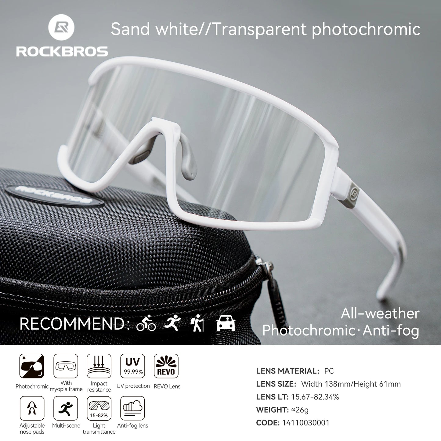 ROCKBROS Cycling Sunglasses Polarized UV400 Driving Non-slip Anti-fog Photochromic Glasses