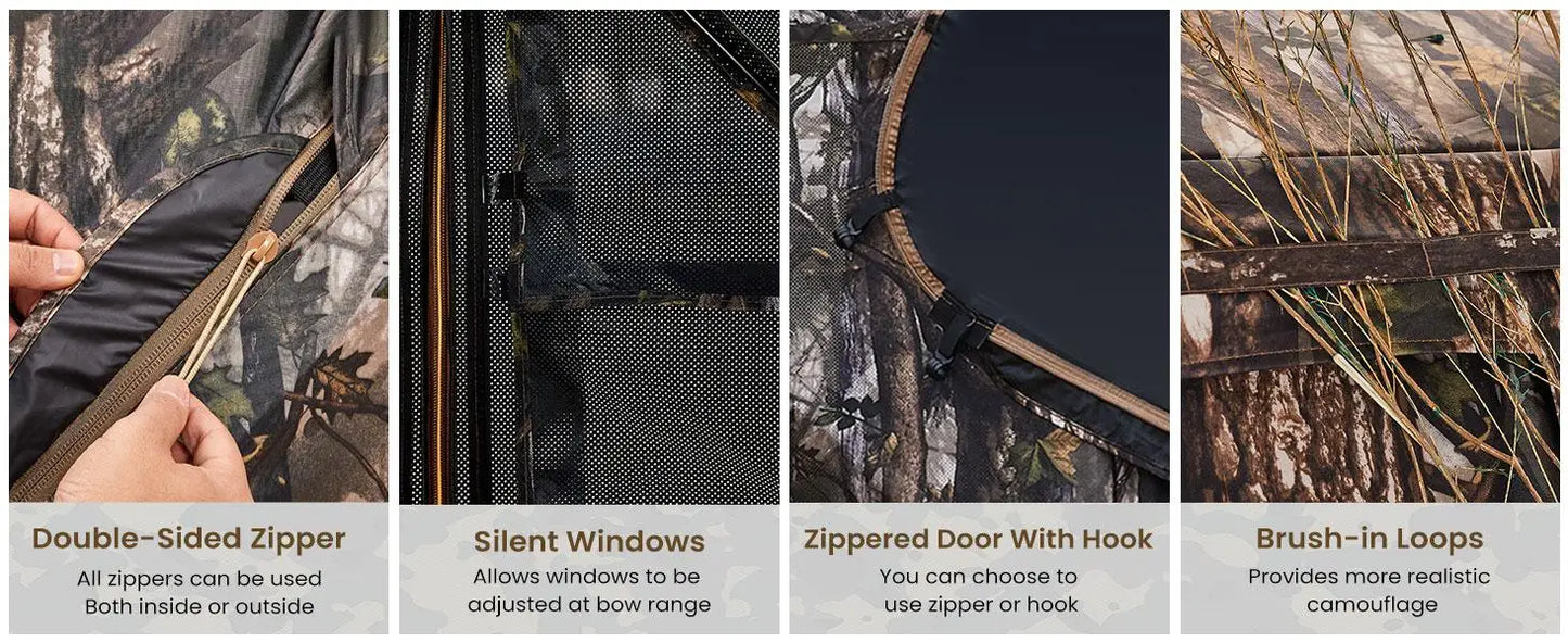 Hunting Blind 300D See Through Ground Blinds with Carrying Bag, 2/3/4 Person 270 Degree 2 Doors Pop Up Deer Blind Portable