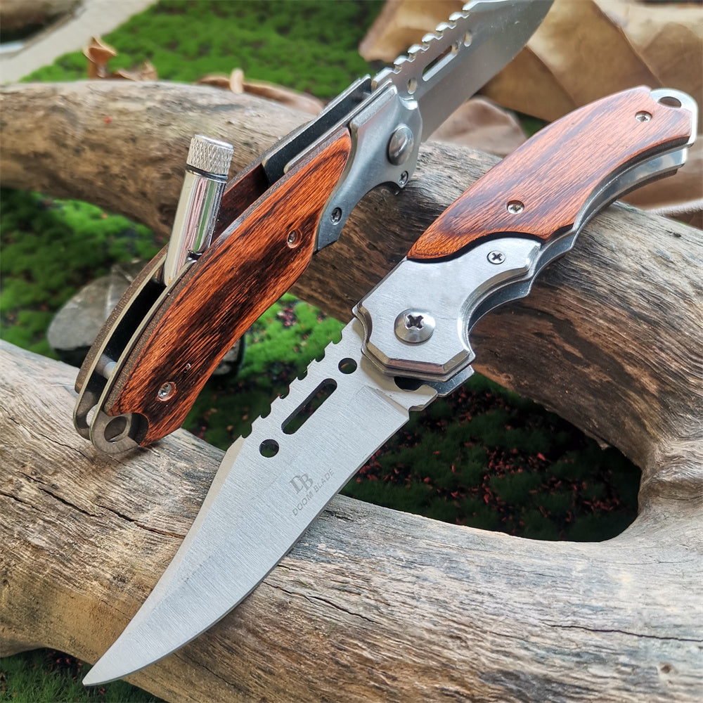 LED Light Folding Blade Knife with Wooden Handle for Hunting, Self Defense and Survival - Portable and Versatile Pocket Knives