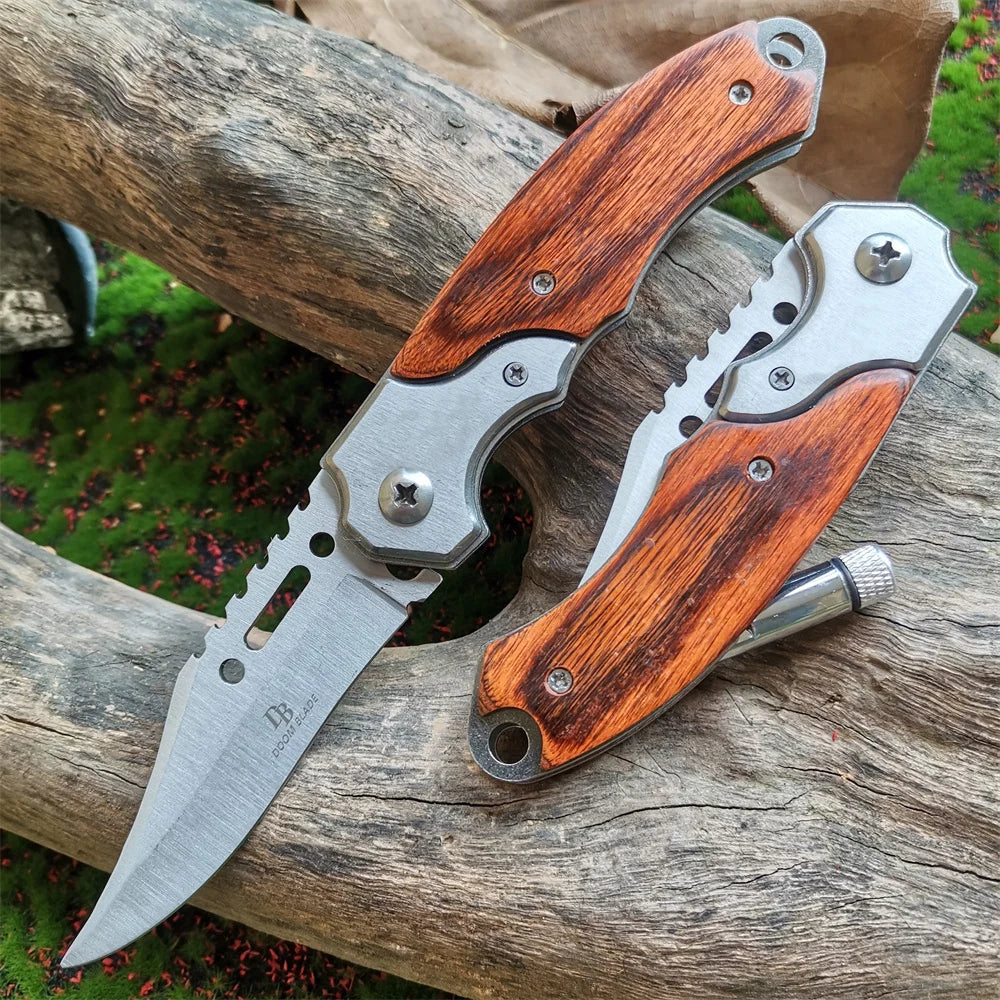 LED Light Folding Blade Knife with Wooden Handle for Hunting, Self Defense and Survival - Portable and Versatile Pocket Knives