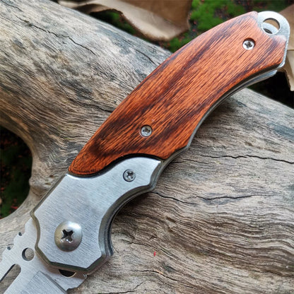 LED Light Folding Blade Knife with Wooden Handle for Hunting, Self Defense and Survival - Portable and Versatile Pocket Knives