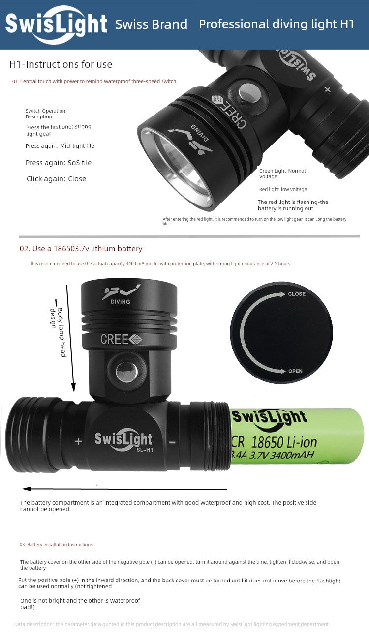 Professional Diving Headlamp Swiss L2  Waterproof 30 M Super Bright