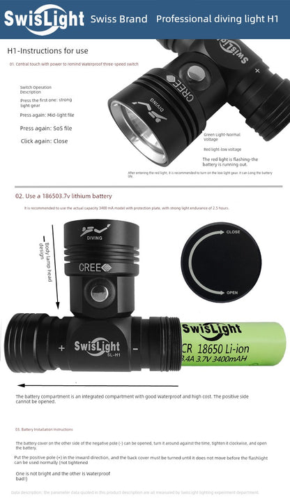 Professional Diving Headlamp Swiss L2  Waterproof 30 M Super Bright