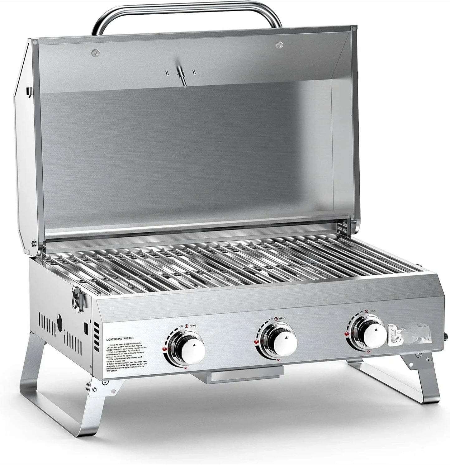 HOME-Tabletop Gas Grill 3 Burners, Stainless Steel Portable with Foldable Legs 24000BTU