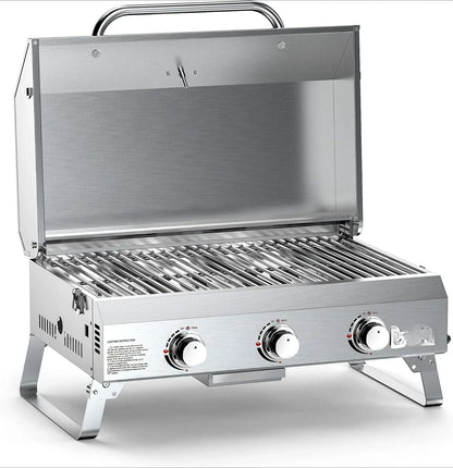 HOME-Tabletop Gas Grill 3 Burners, Stainless Steel Portable with Foldable Legs 24000BTU