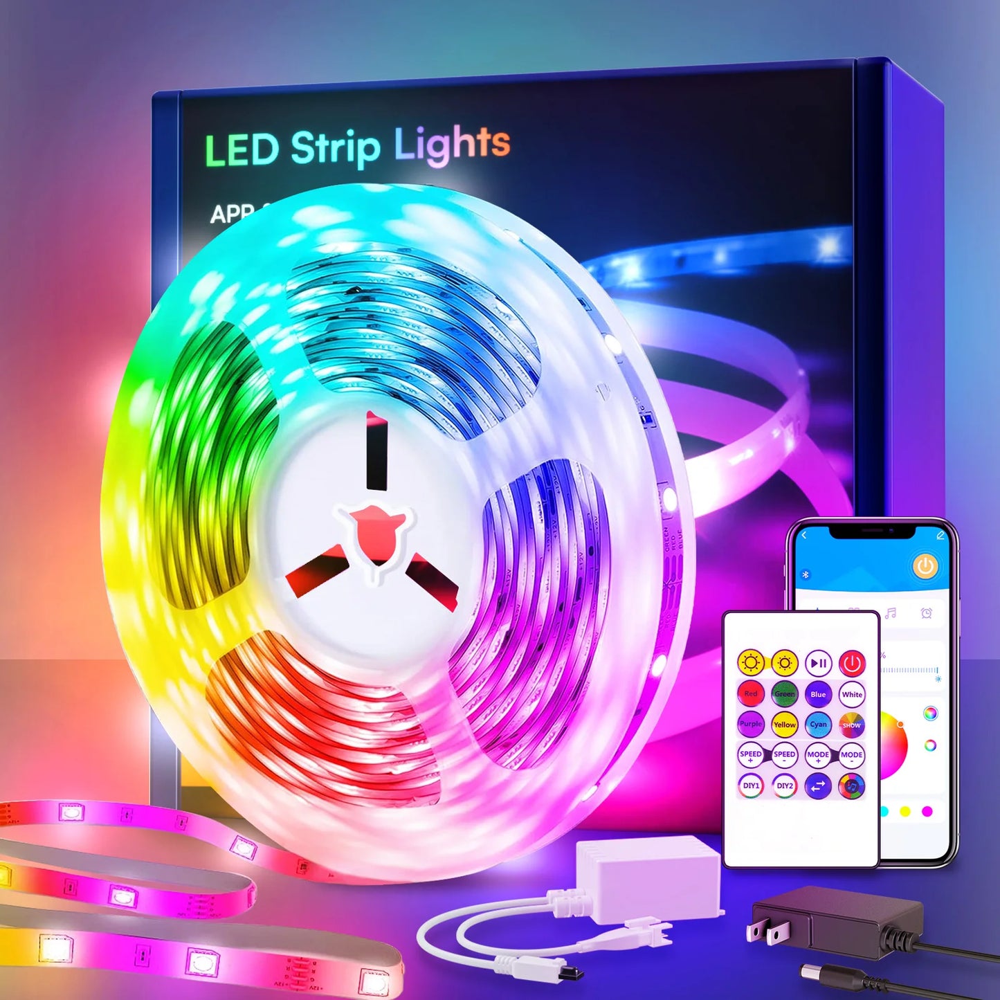 200ft smart LED light strip (2 rolls 100ft), RGB light built-in microphone can Sync with music