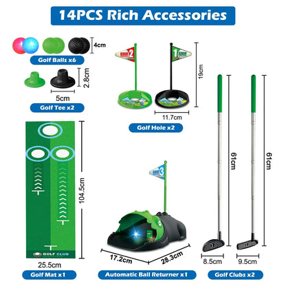 Kids Toy Golf Club Set with  LED Automatic Ball Return Putting Mat Mini Golf Game