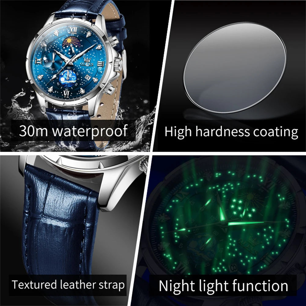 OLEVS Trend Men's Moon Phase Luminous Starry Sky Dial Quartz  Wristwatch