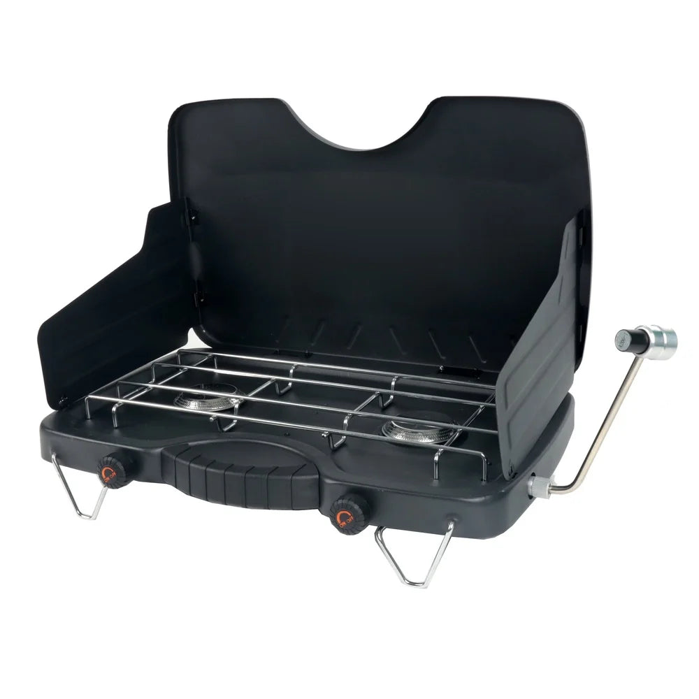Portable Dual Burner Propane Camping Stove with Wind Guards