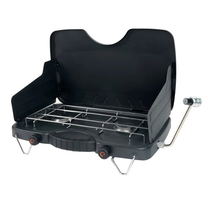 Portable Dual Burner Propane Camping Stove with Wind Guards