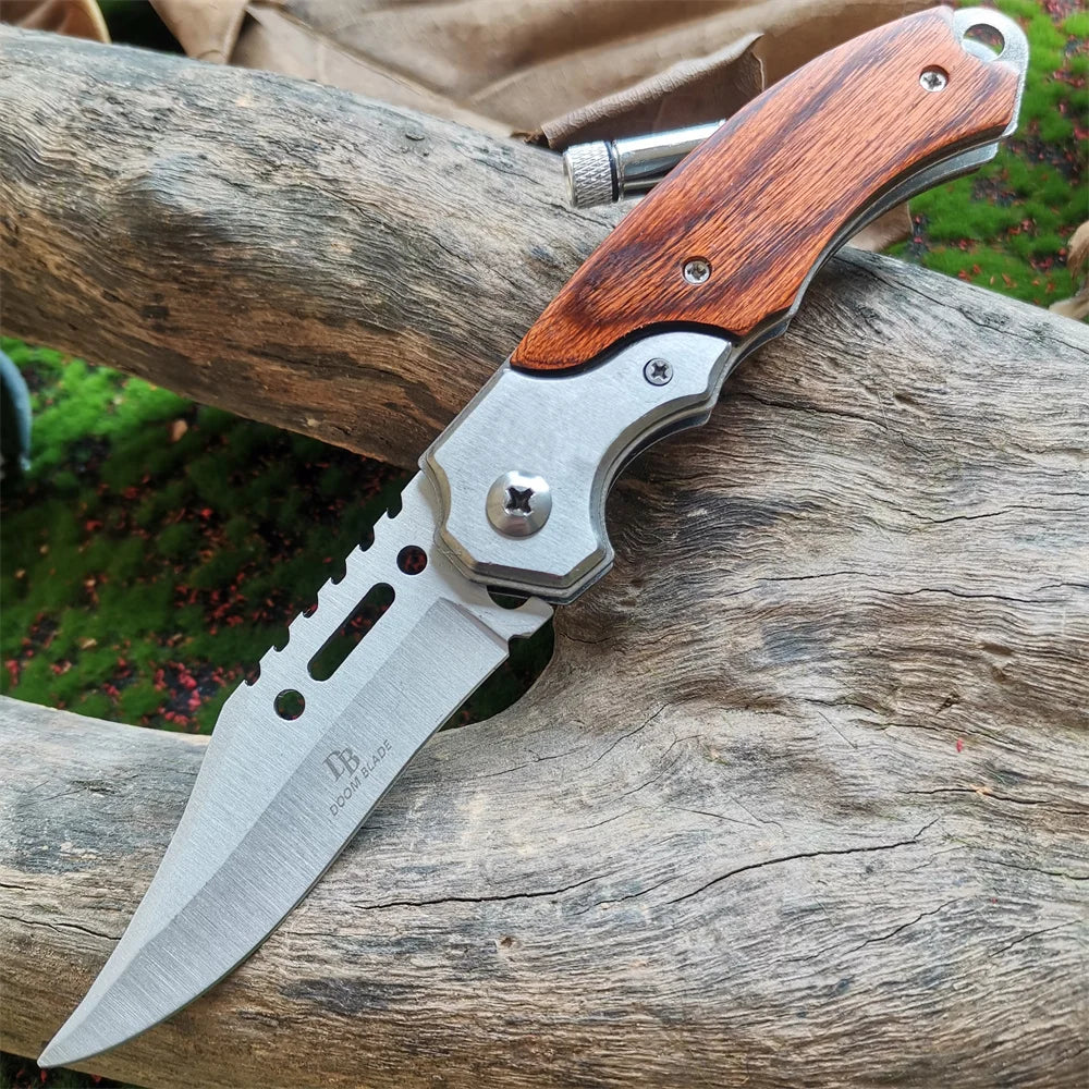 LED Light Folding Blade Knife with Wooden Handle for Hunting, Self Defense and Survival - Portable and Versatile Pocket Knives