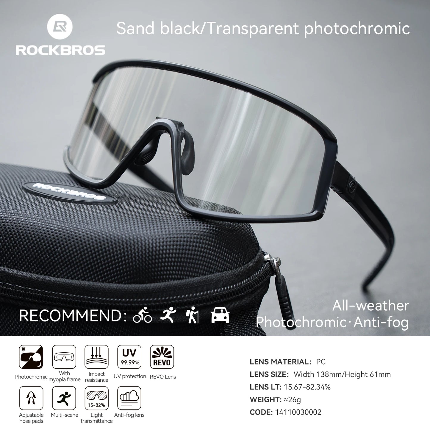 ROCKBROS Cycling Sunglasses Polarized UV400 Driving Non-slip Anti-fog Photochromic Glasses