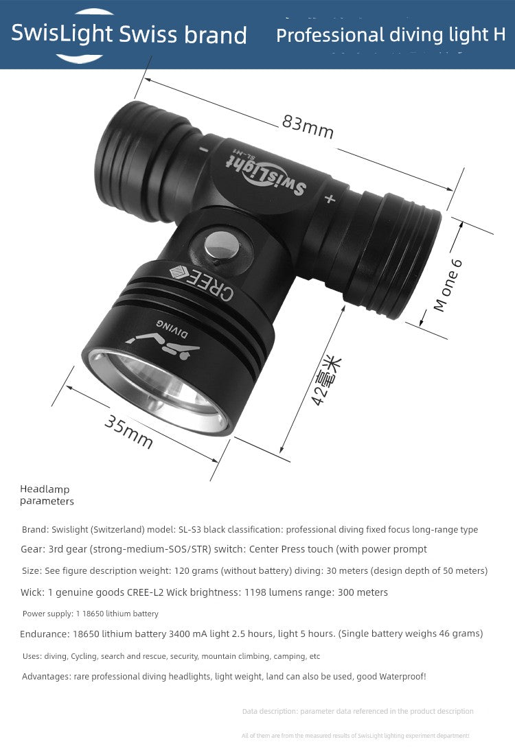 Professional Diving Headlamp Swiss L2  Waterproof 30 M Super Bright