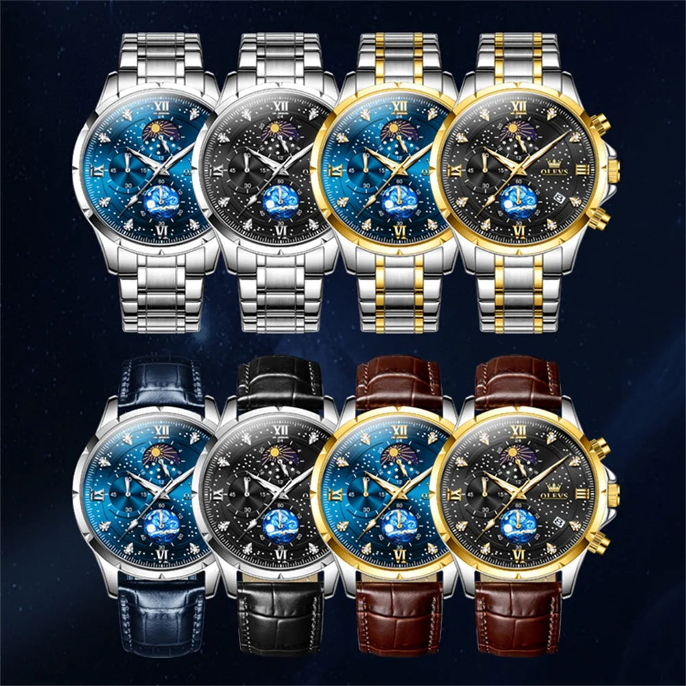 OLEVS Trend Men's Moon Phase Luminous Starry Sky Dial Quartz  Wristwatch