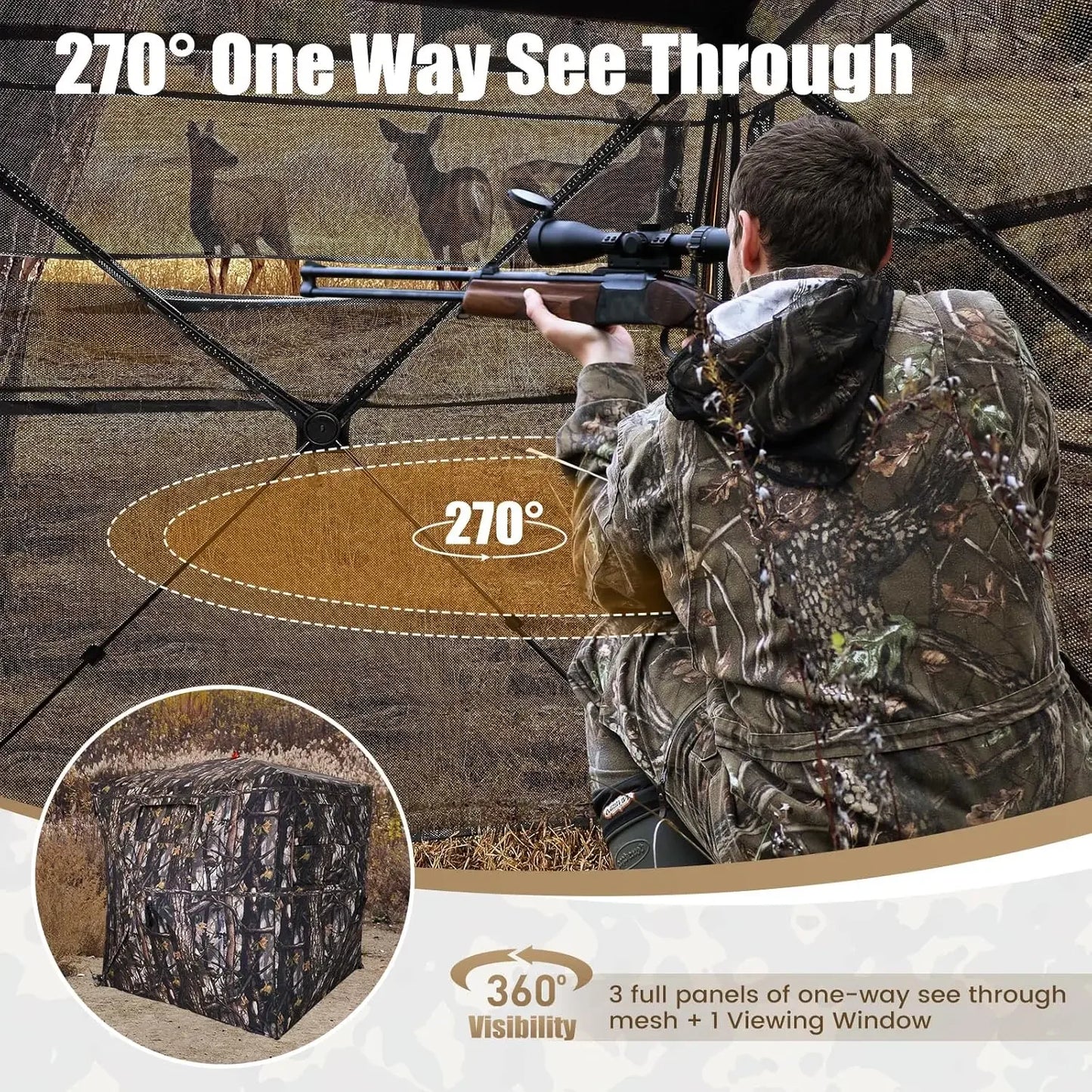 Hunting Blind 300D See Through Ground Blinds with Carrying Bag, 2/3/4 Person 270 Degree 2 Doors Pop Up Deer Blind Portable