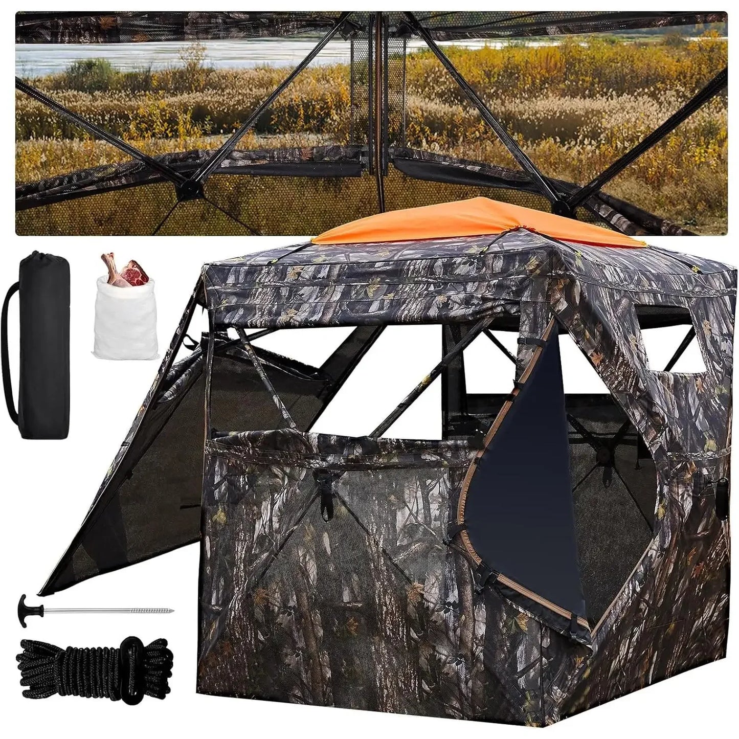 Hunting Blind 300D See Through Ground Blinds with Carrying Bag, 2/3/4 Person 270 Degree 2 Doors Pop Up Deer Blind Portable