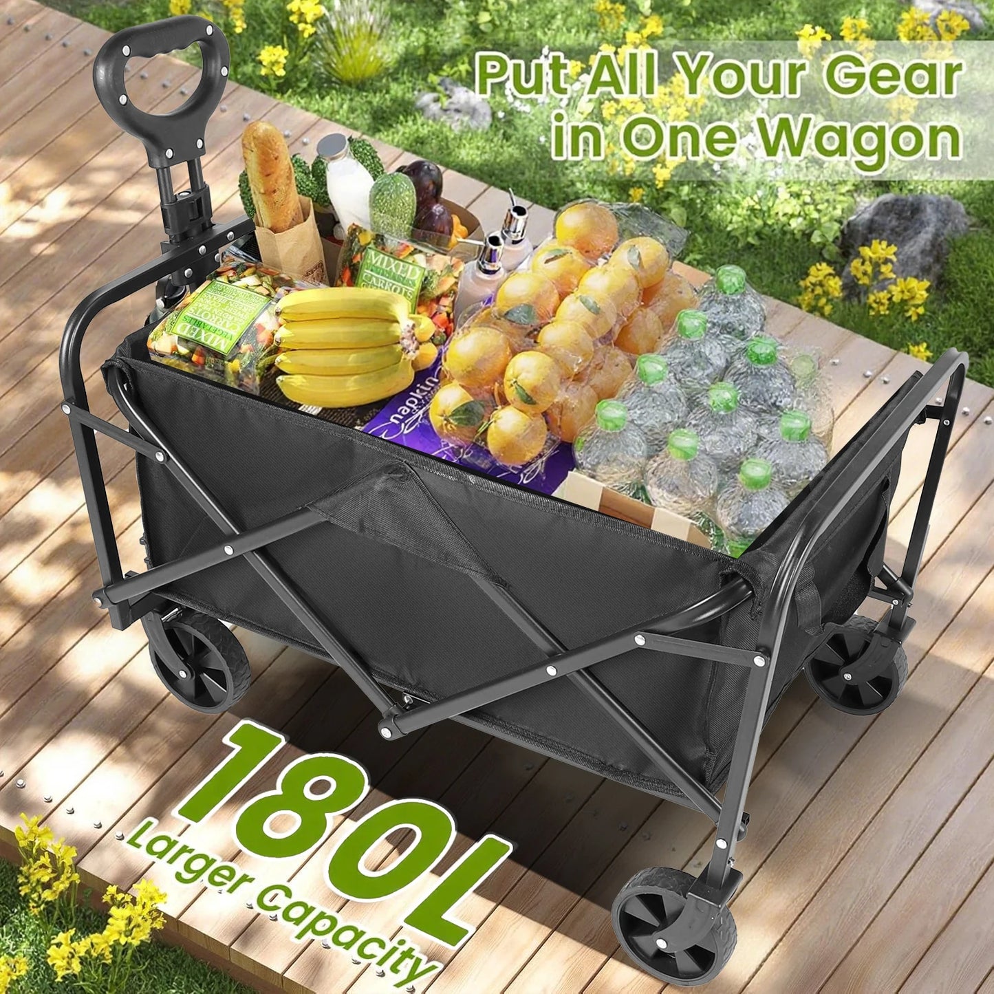 Heavy Duty, Foldable, Portable, Wagon for Groceries, Beach Cart with All-Terrain Wheels  Drink Holders