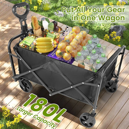 Heavy Duty, Foldable, Portable, Wagon for Groceries, Beach Cart with All-Terrain Wheels  Drink Holders