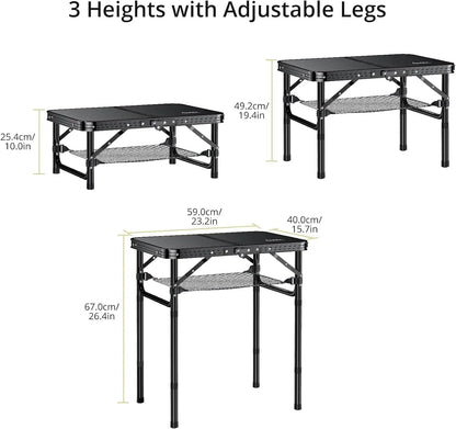 Camping Table, Folding, Black Aluminum 23.2"x16", Adjustable H 26.4",