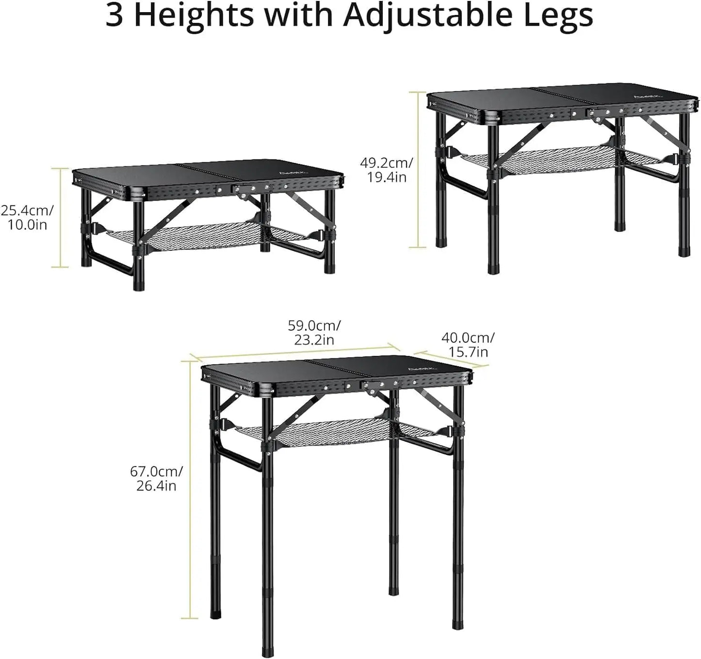 Camping Table, Folding, Black Aluminum 23.2"x16", Adjustable H 26.4",