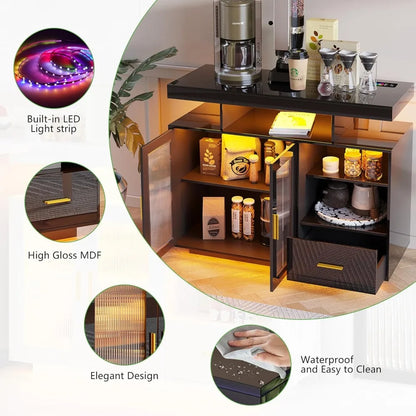 39.4" Modern LED Sideboard Buffet Cabinet with High Glossy Cupboard and charging station