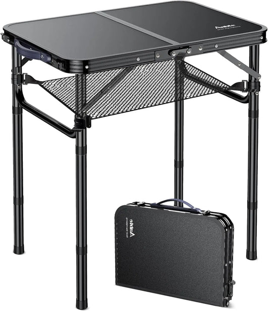 Camping Table, Folding, Black Aluminum 23.2"x16", Adjustable H 26.4",